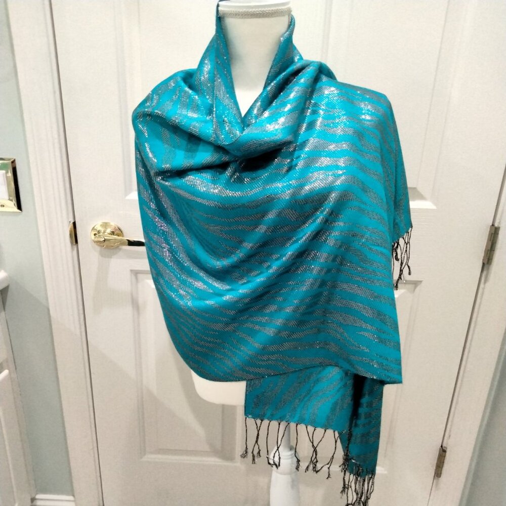 Shawl/Dupatta, Blue and Silver with Black and Silver Fringe, Gently Used